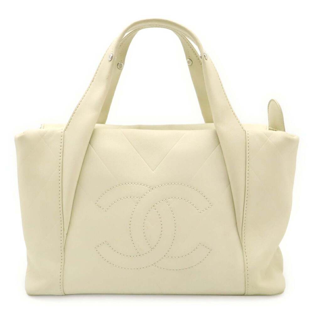 CHANEL White Leather Logo Tote Bag